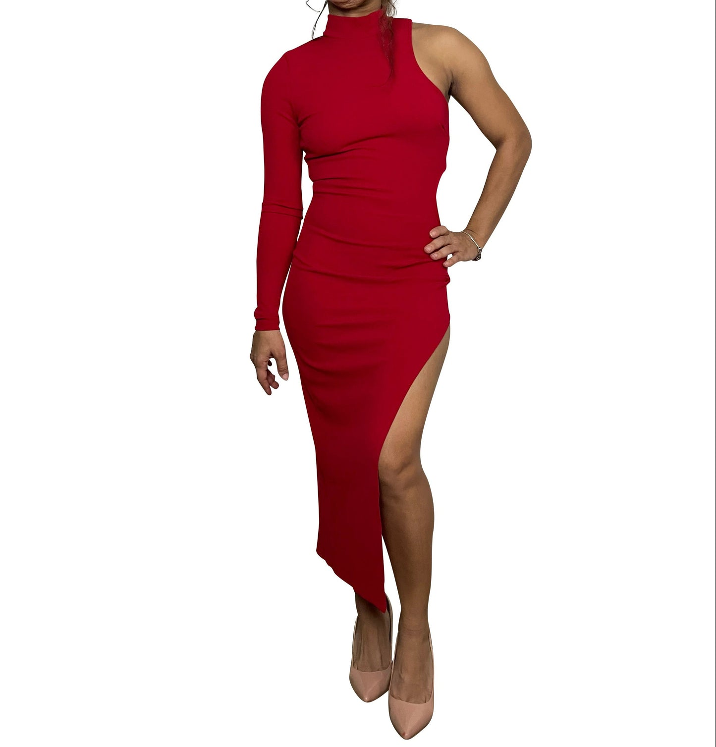 Red-One Shoulder Midi Keyhole Dress