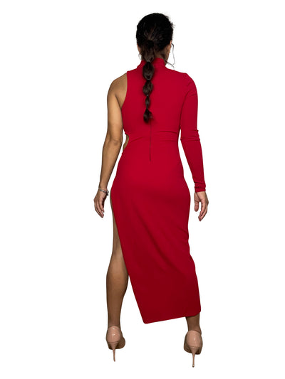 Red-One Shoulder Midi Keyhole Dress